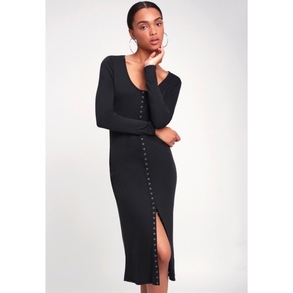 Snap Front Long Sleeve Midi Dress - Picture 2 of 7